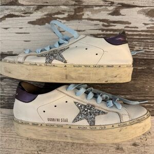 Golden Goose White and Purple Sneakers with Glitter Star
